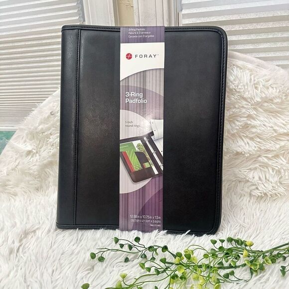 Foray 3 Ring Black Faux Leather Padfolio Binder 1” Ring NEW 13” x 11” Organizer - Picture 1 of 9